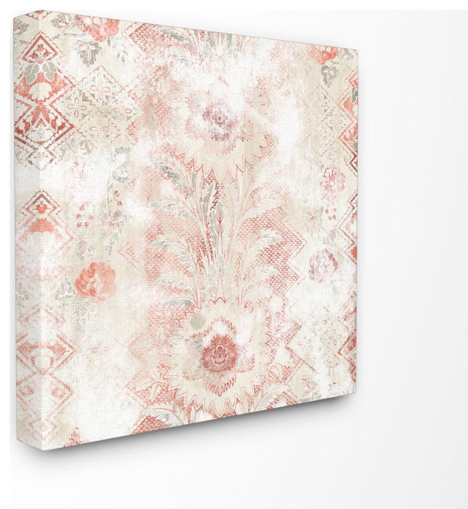 Flower Pattern Textile Red Silver Design, 24"x24", Canvas Art