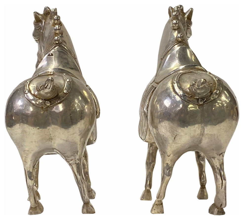 Pair Chinese Oriental Silver Color Metal Fengshui Horse Figures Hws1829