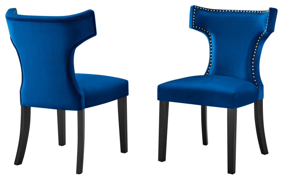 Dining Chair, Nailhead, Set of 2, Blue Navy, Velvet, Modern, Bistro Hospitality
