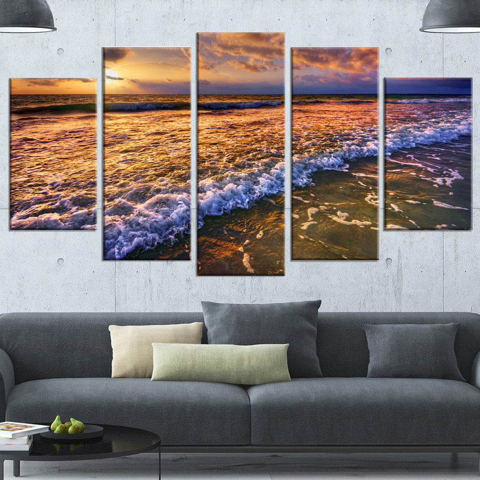 Beautiful Sunset with White Waters, Seashore Canvas Art Print, 60"x32", 5 Panels