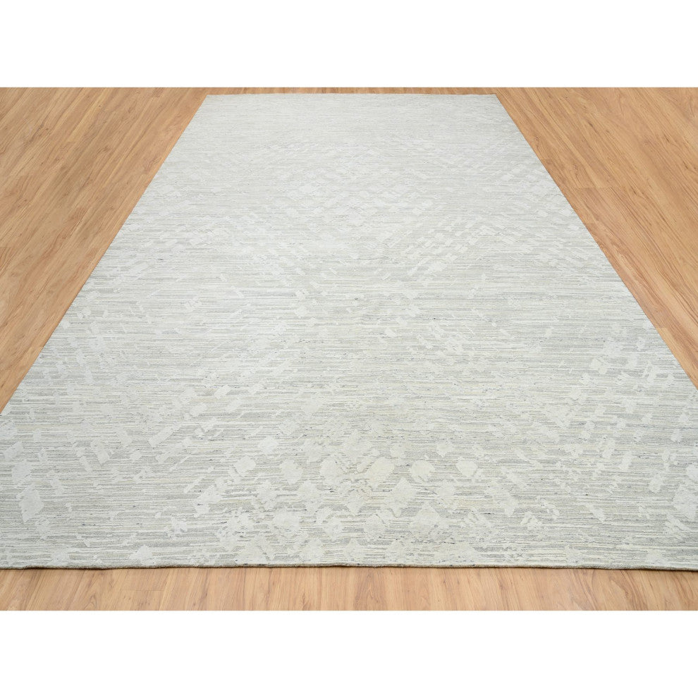 Light Gray Natural Wool Hand Knotted Modern Design Oversized Rug, 14'0"x19'9"