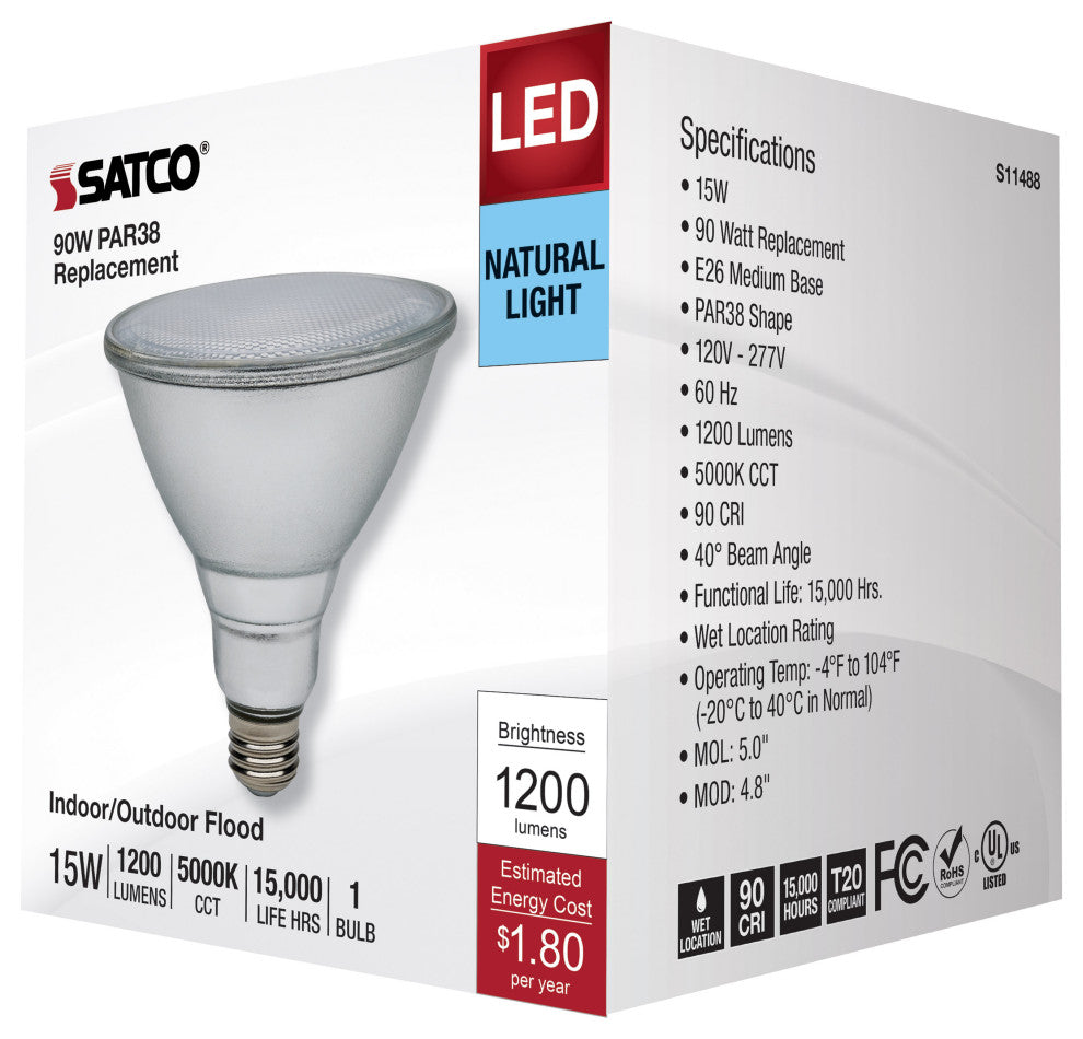 15W PAR38 LED, 5000K, Medium Base, 120-277V, 90 CRI