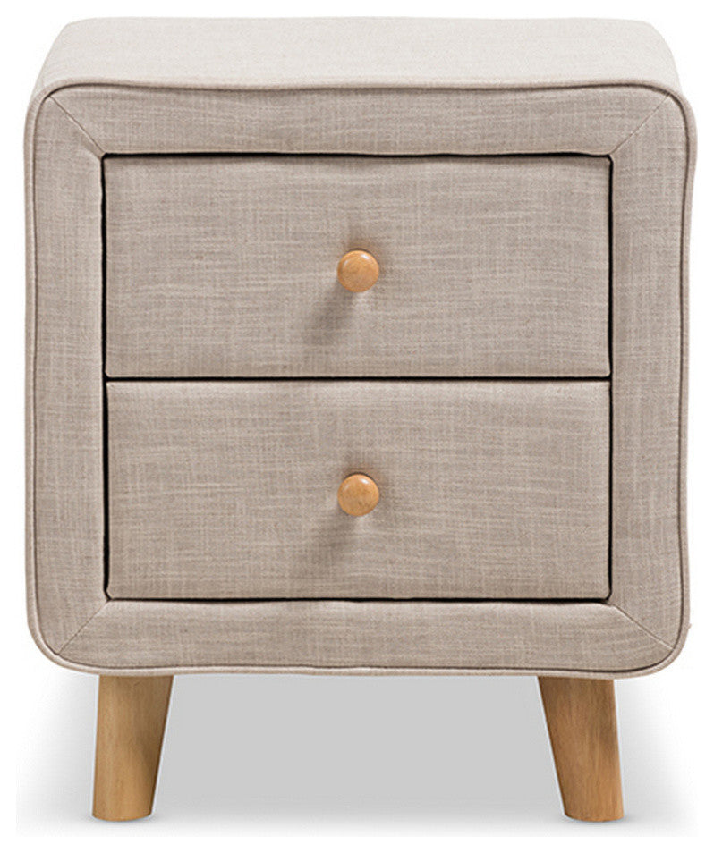 Urban Designs Jonesy Mid-Century Beige Linen Upholstered 2-Drawer Nightstand