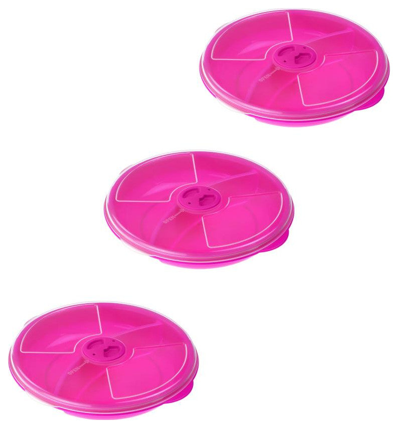 Two Compartment Microwave Tray with Cover, Pink, Pack of 3