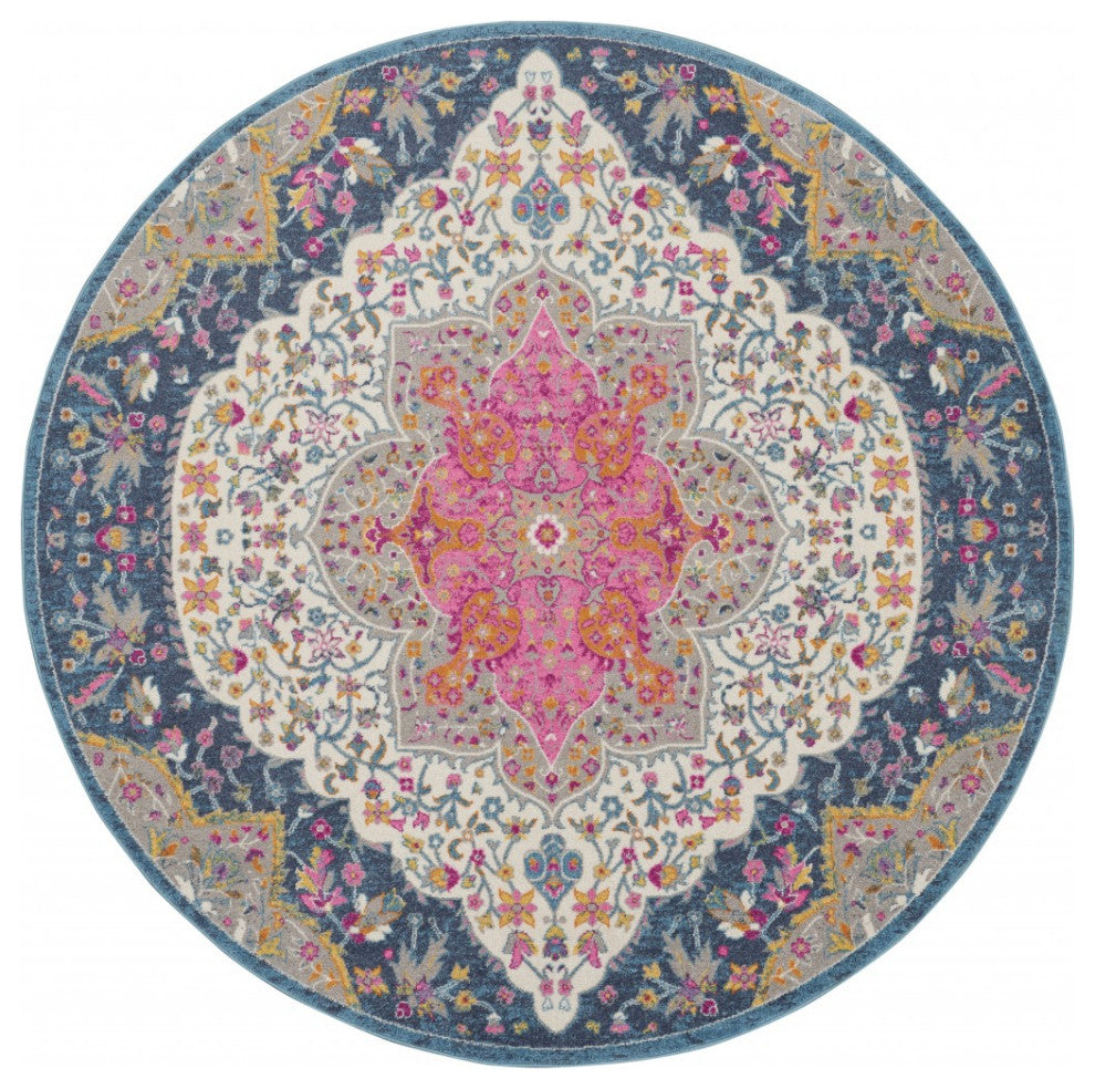 8' Round Blue and Pink Medallion Area Rug