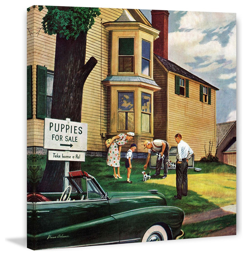 "Picking a Puppy" Painting Print on Canvas by Stevan Dohanos