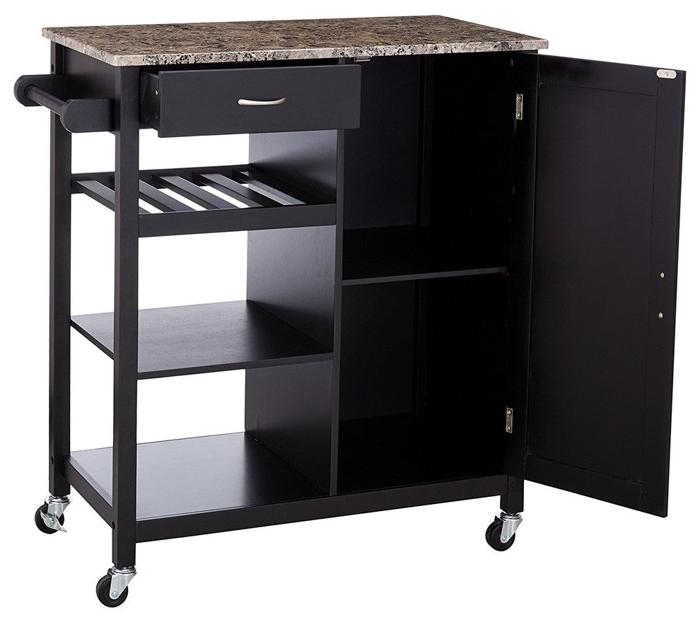 Charlotte Wood and Marble Kitchen Storage Cart, Black