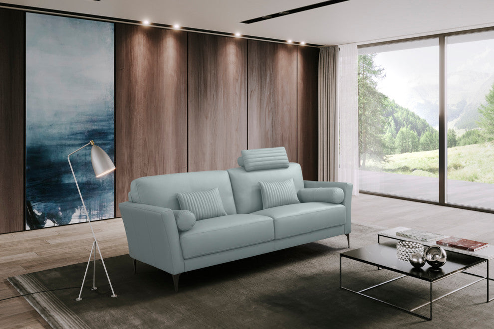 Leather Upholstered Loveseat With Five Pillows, Watery