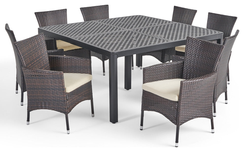Nelly Outdoor Aluminum and Wicker 8 Seater Dining Set, Antique Matte Black, Multibrown, Beige
