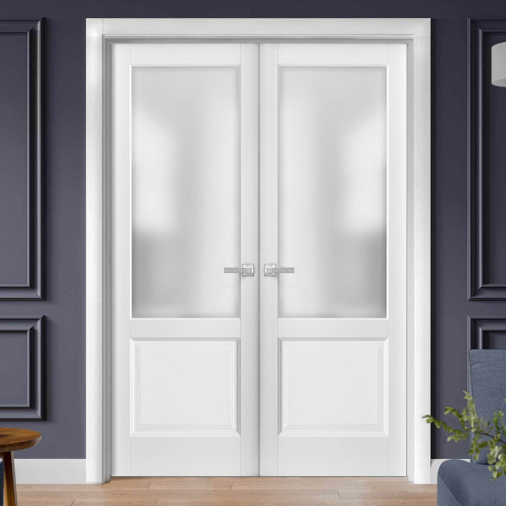 French Double Doors |Lucia 22 White Silk with Frosted Opaque Glass-48x80