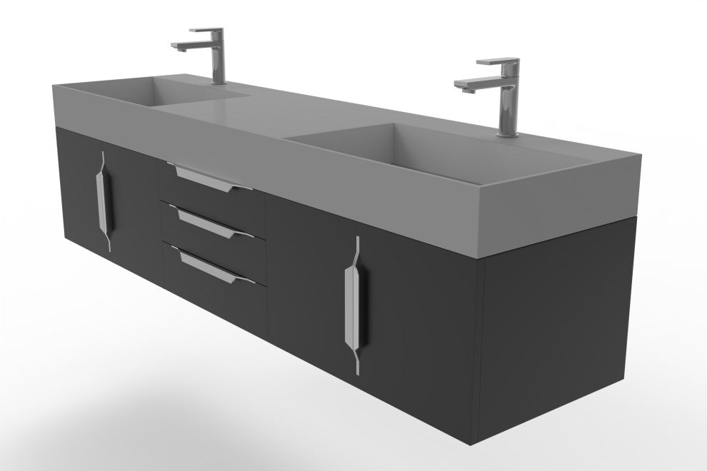CastelloUSA Amazon 72" Wall Mounted Vanity Set, Black, Gray Top, Chrome Handles