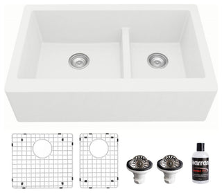 Karran Farmhouse Quartz 34" Double Offset Bowl Sink Kit, White