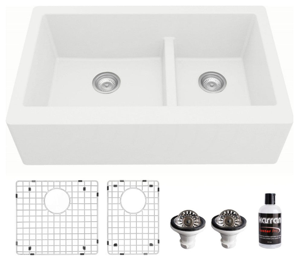 Karran Farmhouse Quartz 34" Double Offset Bowl Sink Kit, White