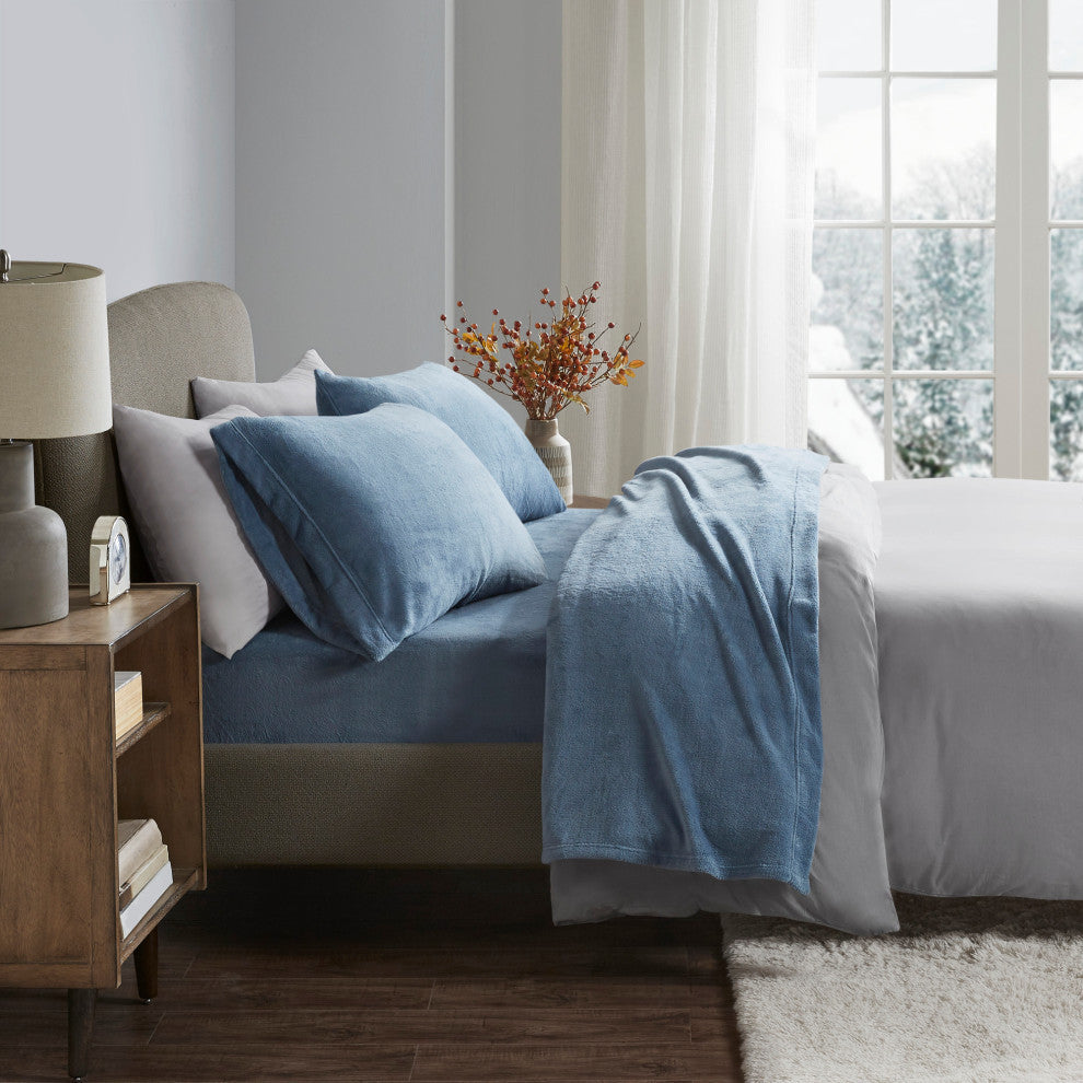 True North by Sleep Philosophy Knitted Plush Sheet Set, Blue, King