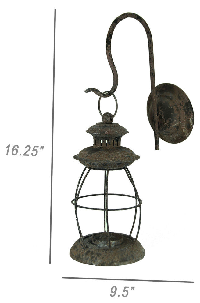 Distressed Metal Wall Mounted Railroad Lantern Hanging Candle Sconce Black