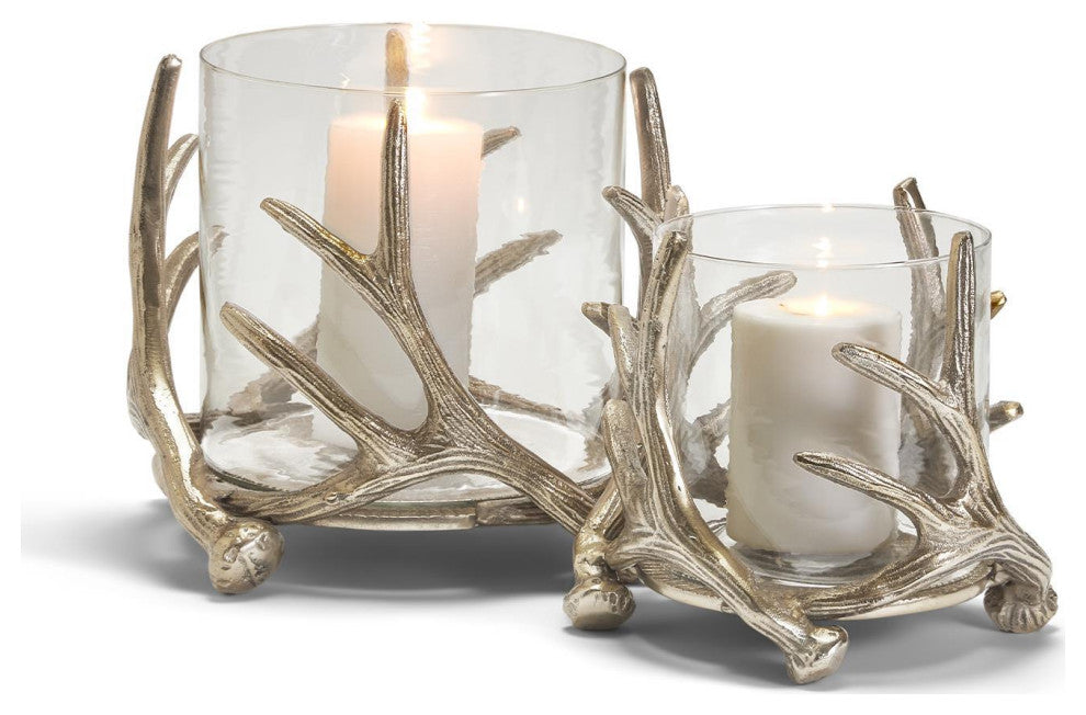 Two's Company Set of 2 Antiqued Silver Antler Hand-Crafted Hurricanes Vases