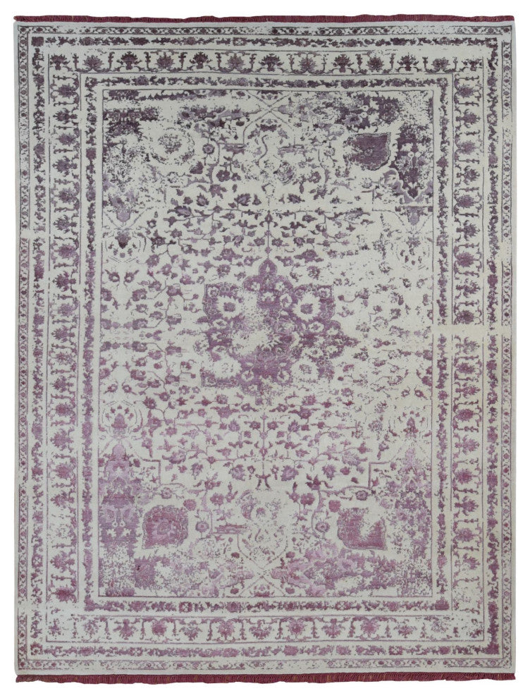 Ivory Wool and Silk Handmade Broken and Erased Persian Design Rug 9'2"x12'1"