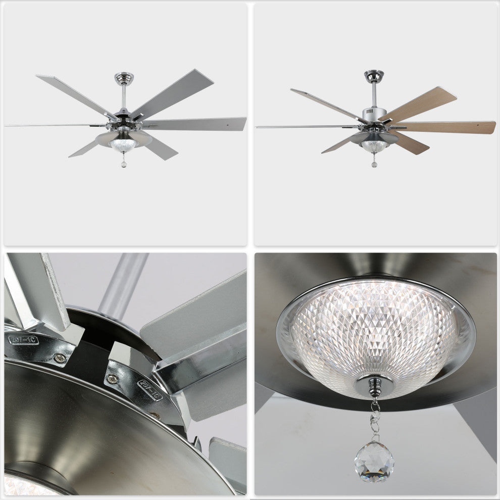 72" Antique Lagre Ceiling Fan, Wood Blades and LED Lights Kit w Crystal Shade, White