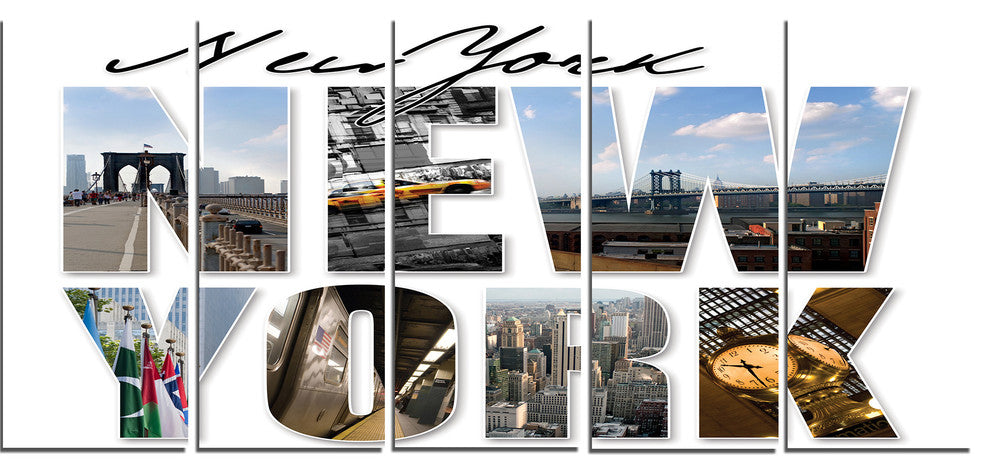 New York City Graphic Montage, Cityscape Canvas Art Print, 60"x28", 5 Panels