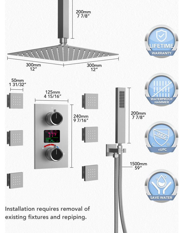 Digital Shower System 12" Rainfall Shower Head With 6 Body Jets, Brushed Nickel