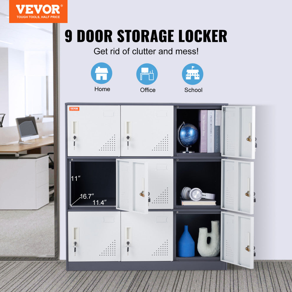 Metal Locker Cabinet 9 Compartment Steel Office School Gym Organize Storage, Gray