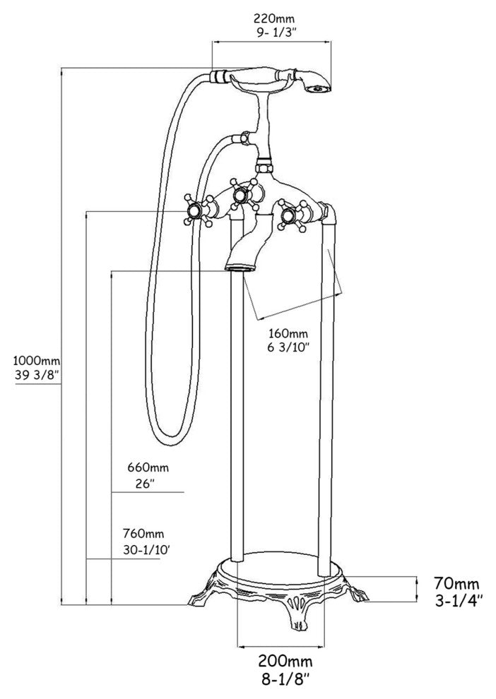 Givingtree 3 Handle Floor Mounted Clawfoot Tub Faucet with Diverted Hand Shower