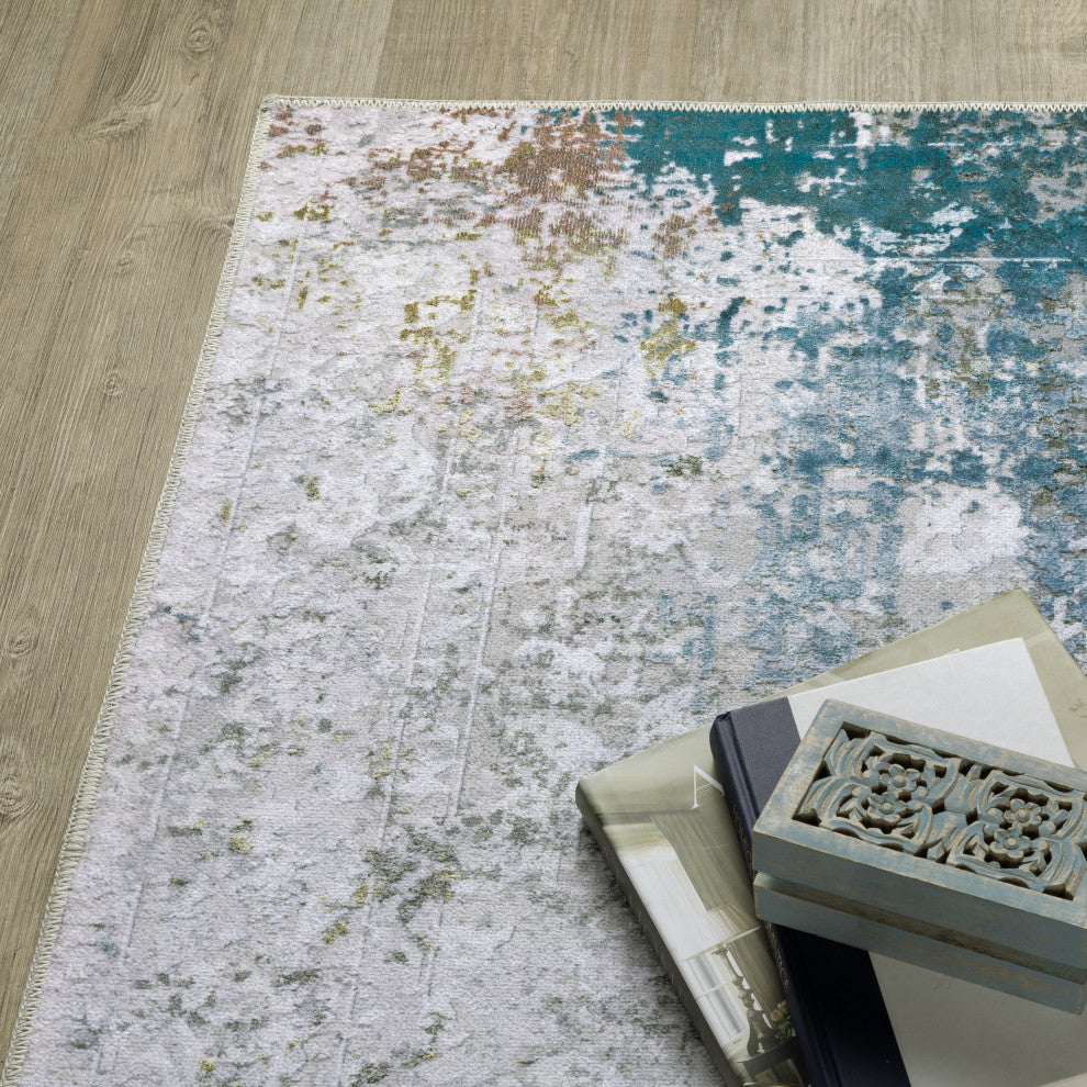 Michaela Machine Washable Faded Ivory/ Blue Indoor Area Rug, Ivory, 2'x8'