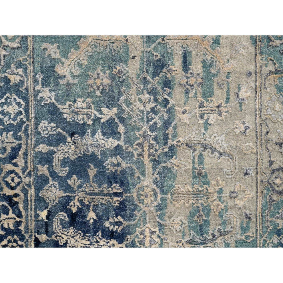 Blue/Teal Erased Wool And Silk Hand Knotted Broken Heriz Runner Rug, 2'7"x10'0"