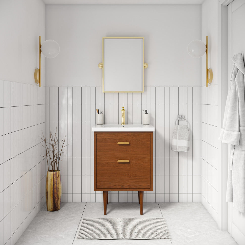 Brandy Integrated Ceramic Sink Top Vanity, Honey Walnut, 24", With Faucet