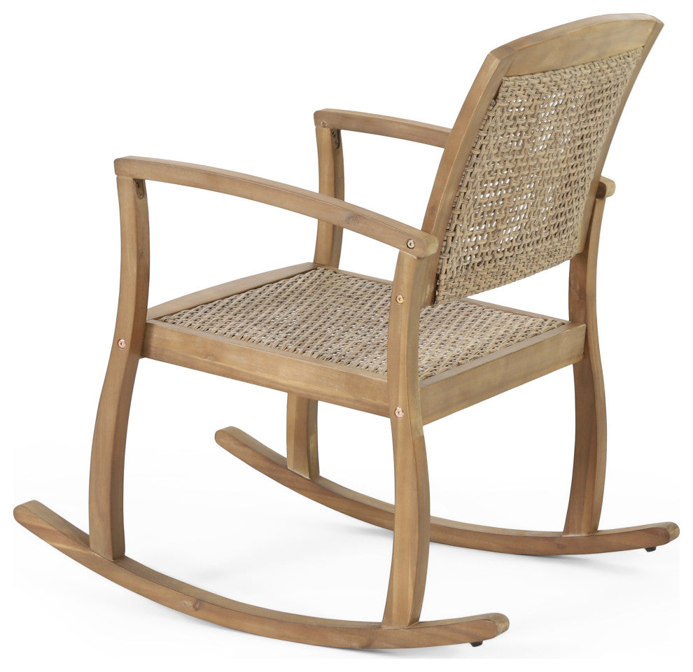 Uintah Outdoor Acacia Wood and Wicker Rocking Chair, Light Brown