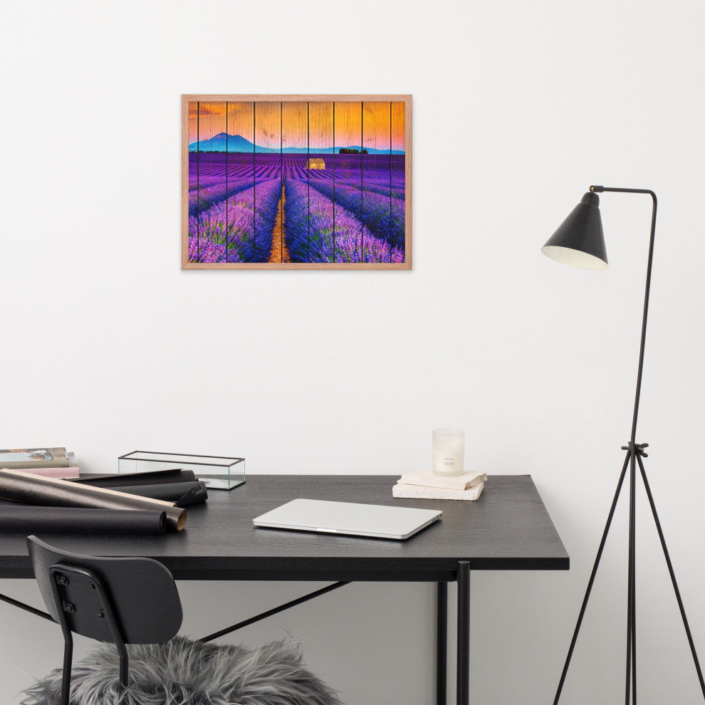Faux Wood Lavender Fields and Sunset Landscape Framed Photo Paper Wall Art Print, Red Oak, 18" X 24"