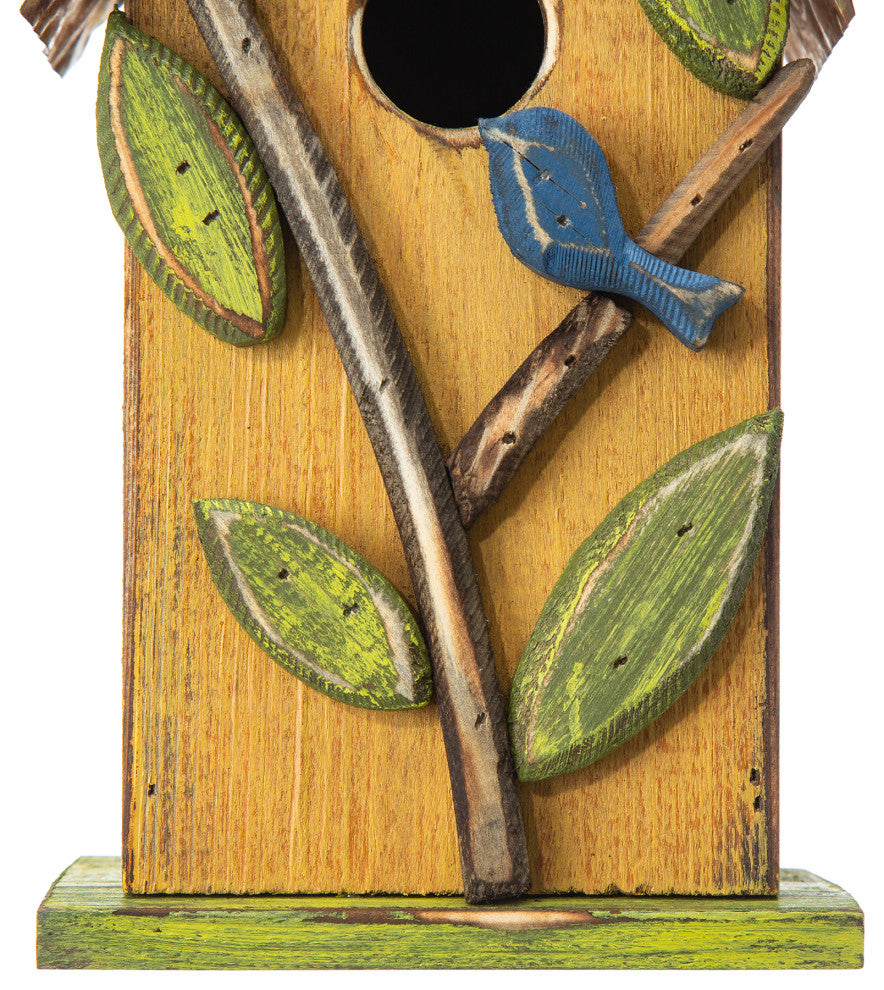 9.75"H Washed Yellow Distressed Solid Wood Birdhouse With 3D Tree and Bird