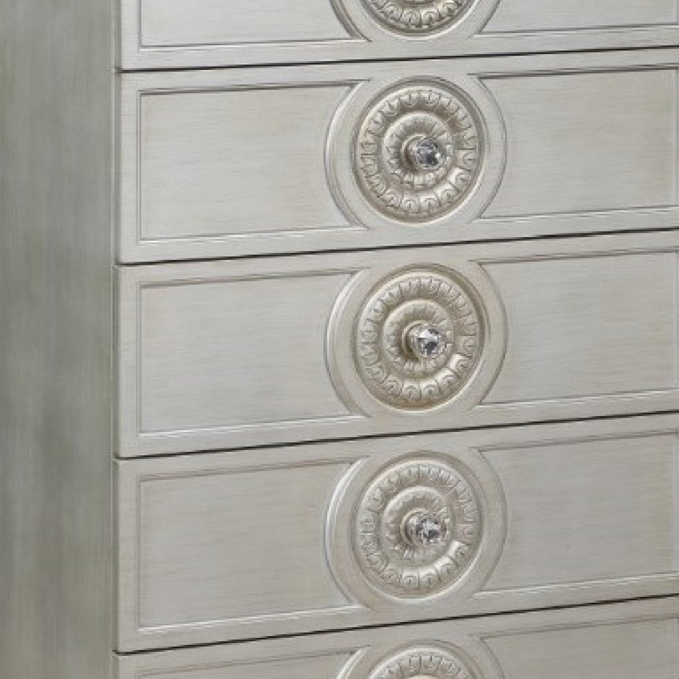 Benzara BM275684 Modern Tall Dresser Chest With 5 Drawers, Round Knobs, Silver