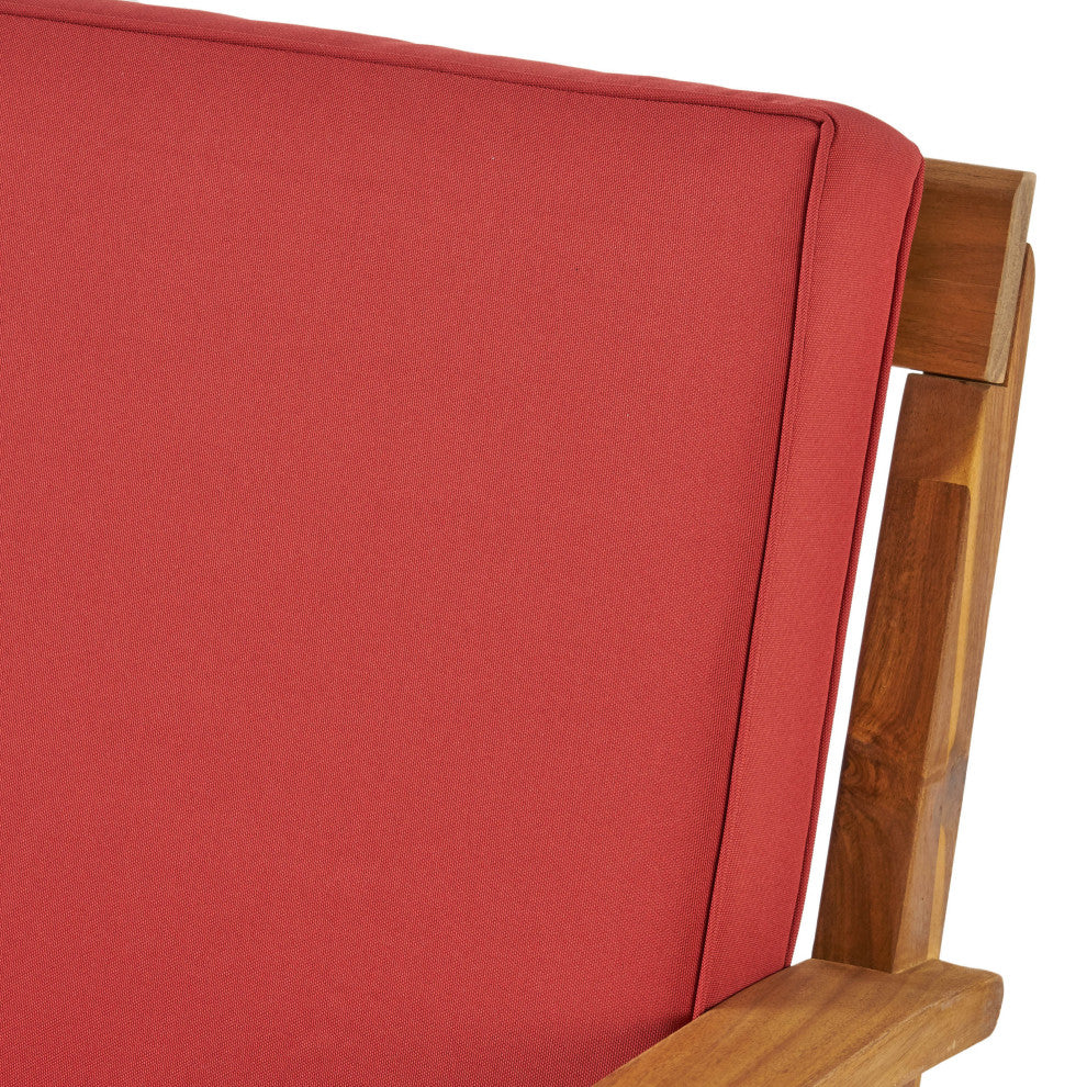 GDF Studio Keanu Outdoor Acacia Wood Loveseat and Coffee Table Set With Cushions, Red