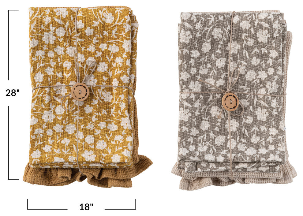 Cotton Tea Towel, Beautiful Flower Prints, Yellow, Grey, Set of 2