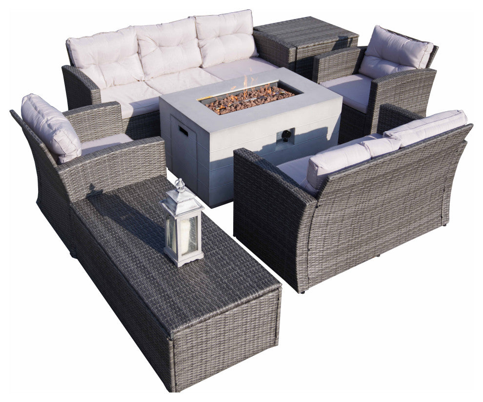 7-Piece Outdoor Rattan Conversation Sofa Set with Fire Pit Table, Brown, Rectangle