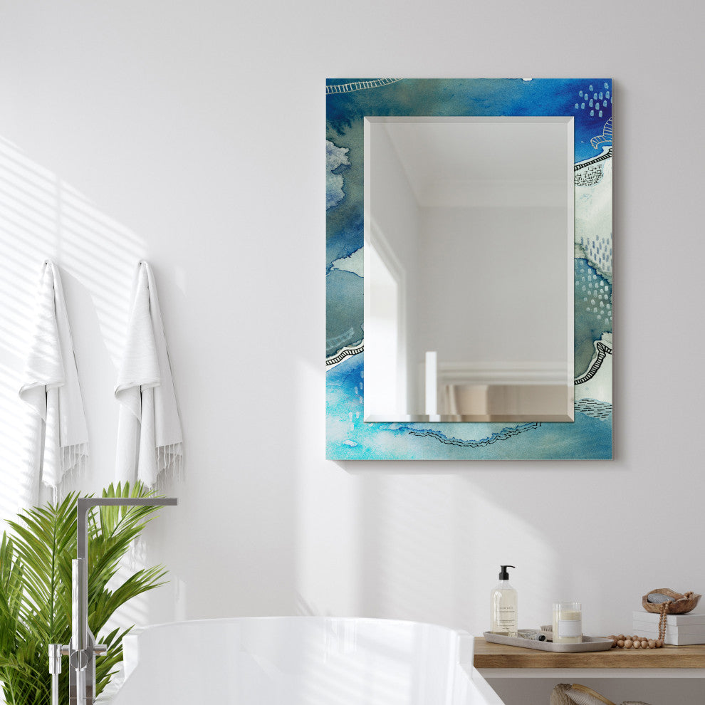 "Subtle Blues" Beveled Mirror on Printed Abstarct Tempered Art Glass, 40x30"