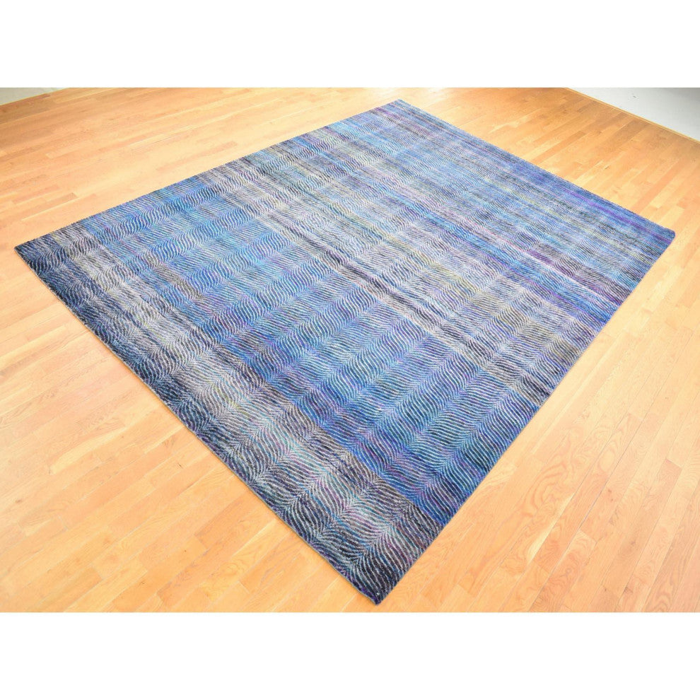 Colorful Modern Leaf Design Silk and Wool Hand Knotted Oriental Rug, 9'1"x12'3"