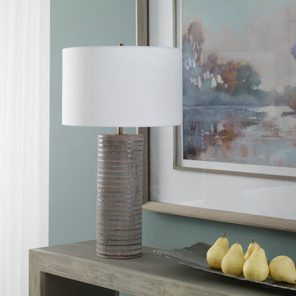 Rustic Chiseled Gray Brown Stripe Cylinder Table Lamp 29in Carved Ceramic Bronze