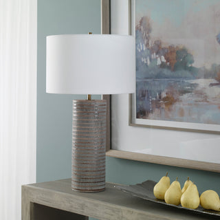 Rustic Chiseled Gray Brown Stripe Cylinder Table Lamp 29in Carved Ceramic Bronze