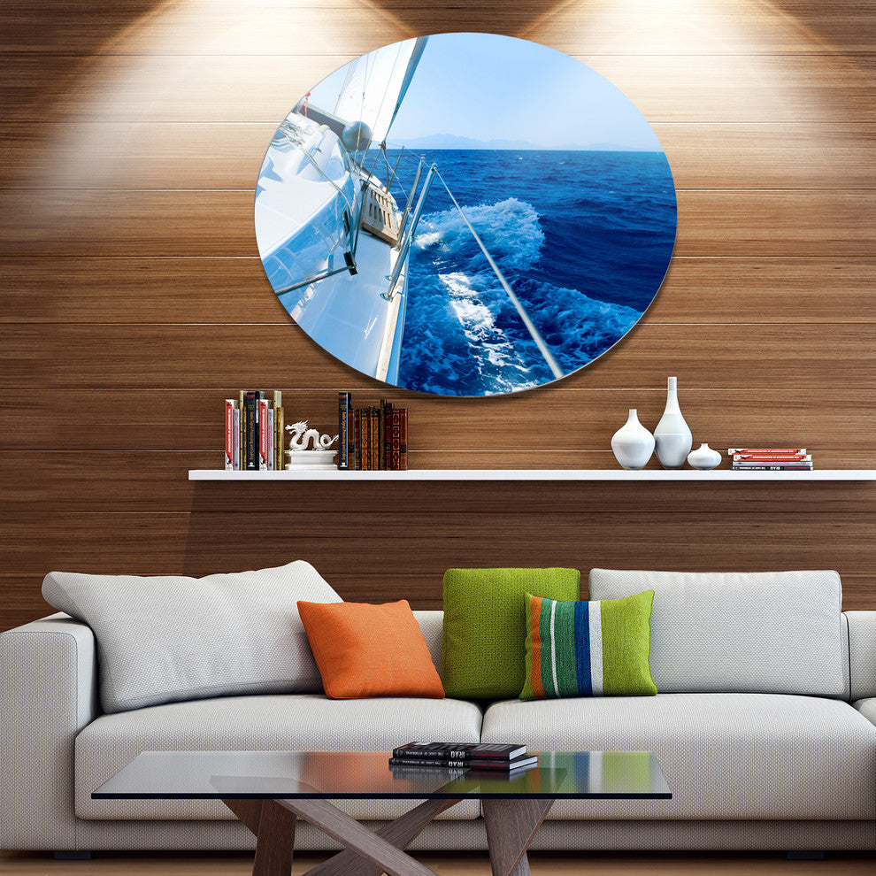 Tourism Yacht Sailing In Blue Sea, Seashore Disc Metal Wall Art, 38"