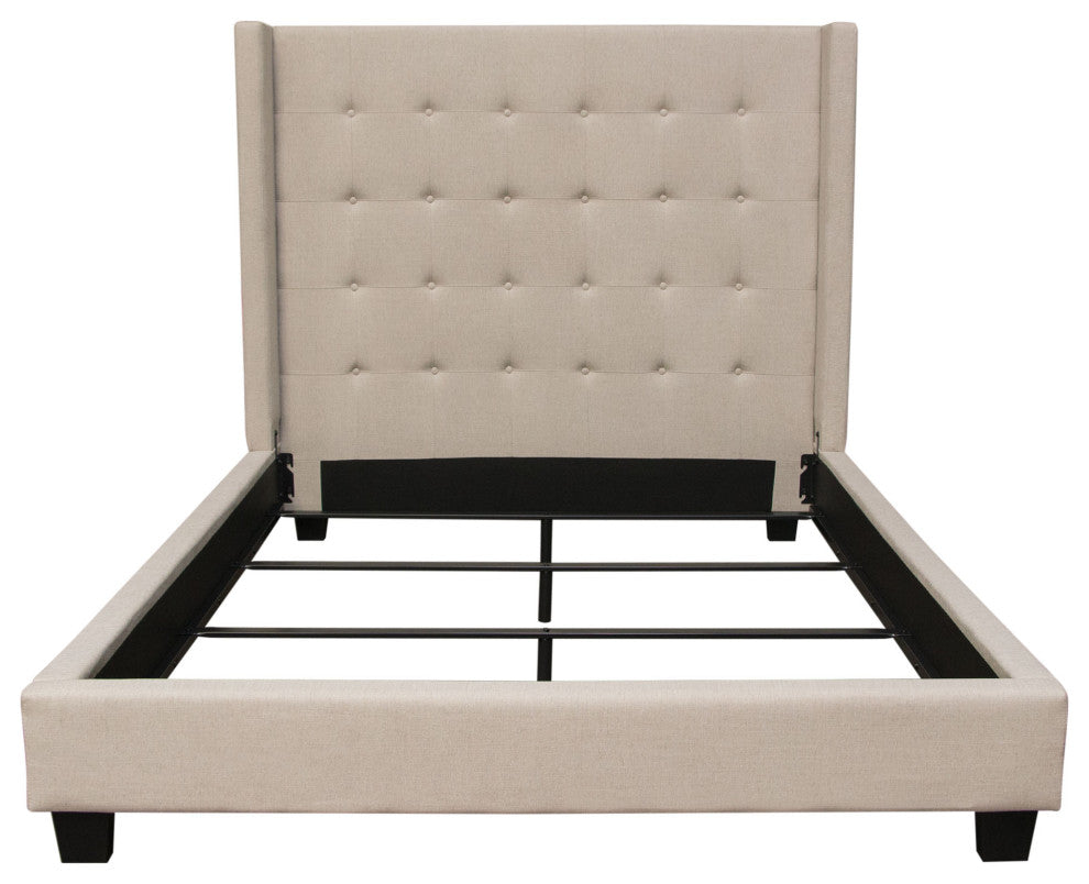 Madison Ave Tufted Wing Eastern King Bed in Sand Button Tufted Fabric