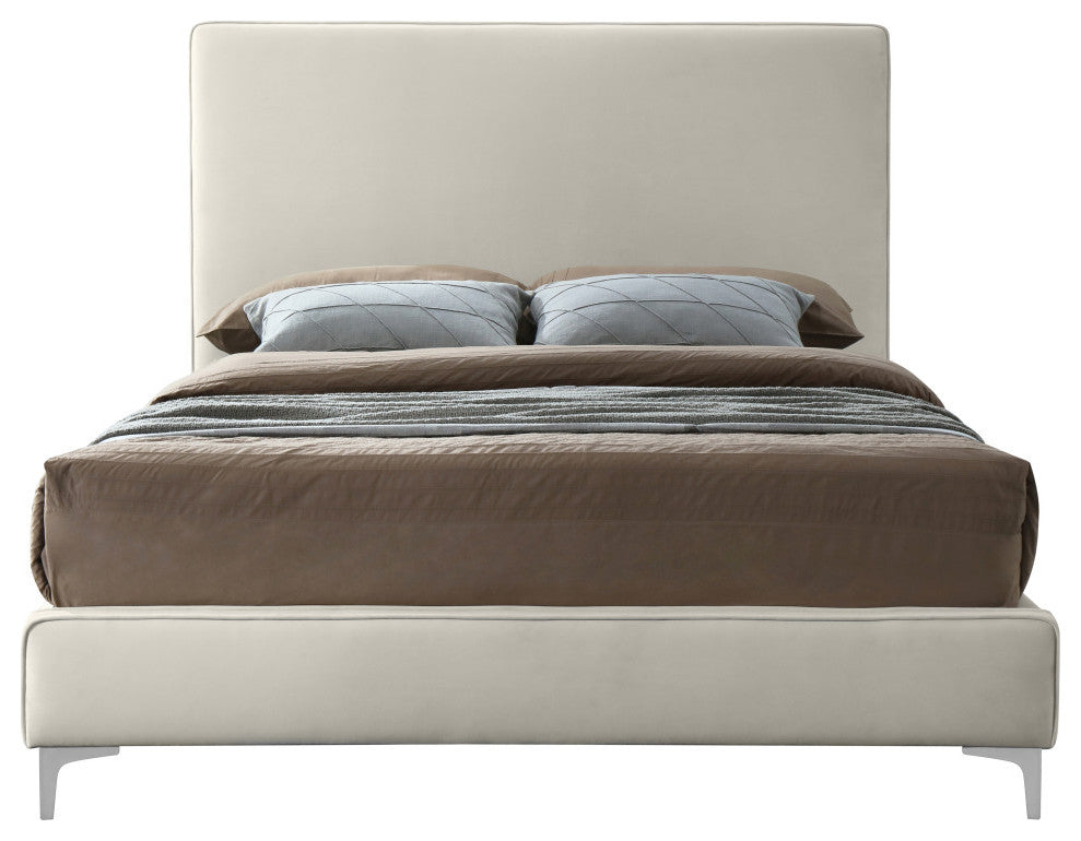 Geri Velvet Upholstered Bed, Cream, Queen