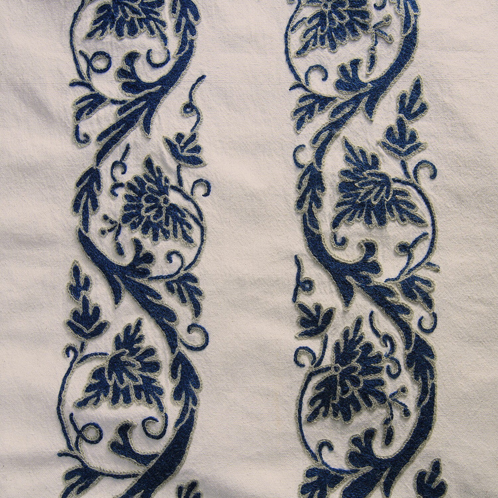 Florence Blue Embroidered Cotton Crewel Fabric Sample, 4Wx4L