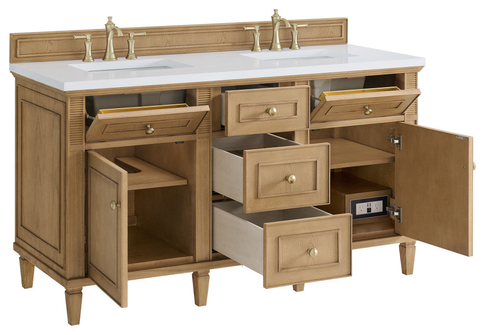 Lorelai 60" Double Vanity, Light Natural Oak, 3 CM White Zeus Top