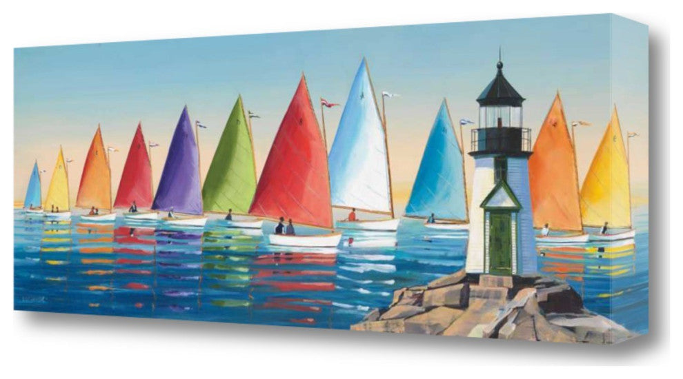 Colorful Sailboats With Lighthouse 2 Giclee Wrap Canvas Wall Art
