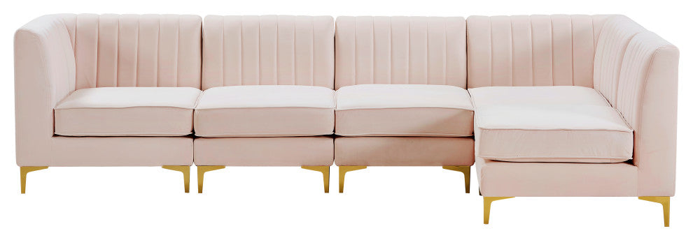 Alina Velvet Modular L-Shaped Modular Sectional, Pink, 5-Piece: 3 Armless Chair, 2 Corner Chair