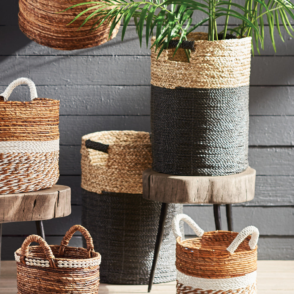Set 2 Contemporary Casual Natural Black Round Tall Tote Baskets Handles Large