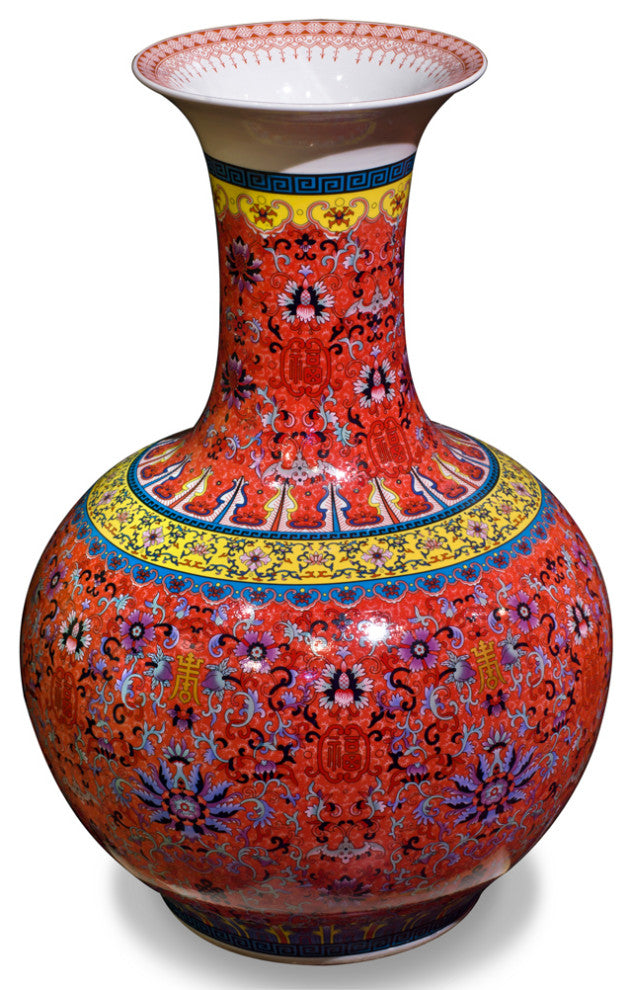 Imperial Red Chinese Porcelain Temple Vase, With Stand