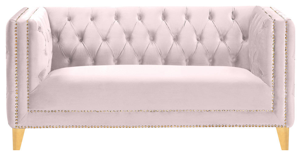 Michelle Fabric Upholstered Chair, Gold Iron Legs, Pink, Velvet, Loveseat